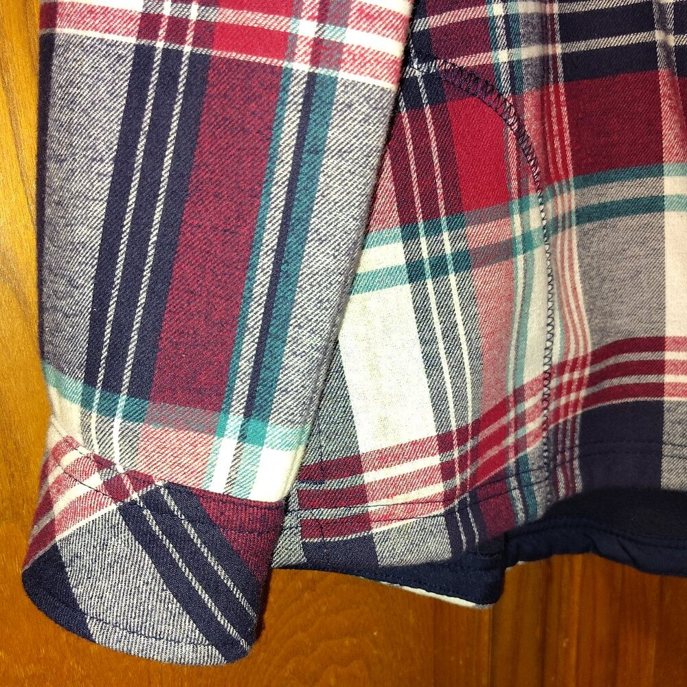 Orvis Fleece Lined Flannel Shirt Womens Medium Shacket Snap Jacket Plaid Red Blu - Picture 4 of 7